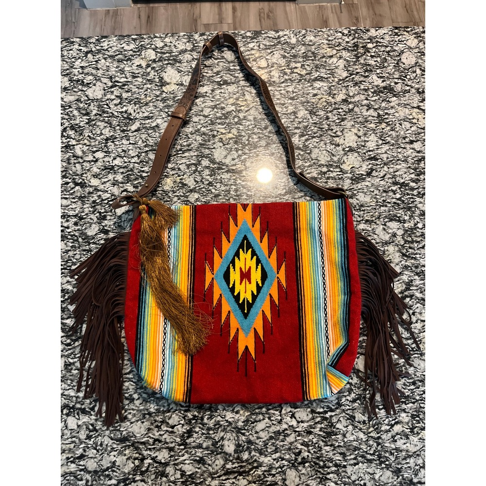 Lucky & Blessed Western Serape Fringe Crossbody Bag Tooled Leather Strap Red